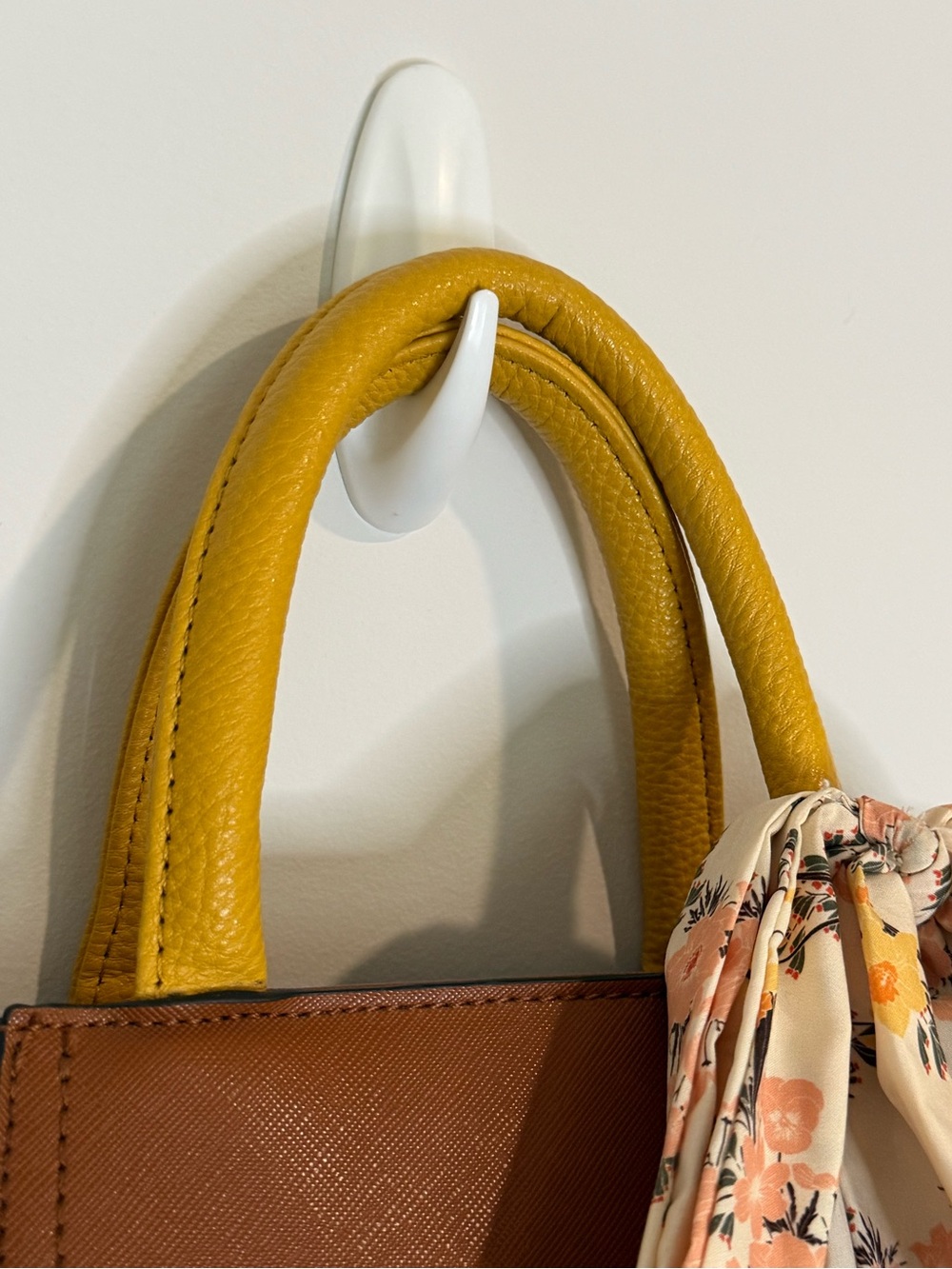 Steve Madden Tan Satchel with Yellow Top Handle and Floral Scarf - Picture 6 of 10